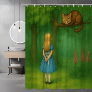 Whimsical Alice in Wonderland Shower Curtain with Cat and Girl, Colorful Forest Theme