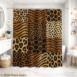 May include: A shower curtain featuring a patchwork design of animal prints, including leopard spots, zebra stripes, and giraffe patterns. The curtain is primarily brown and black, adding a bold, wild style to a bathroom.