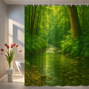 May include: A green shower curtain featuring a serene forest scene with a river flowing through it. The image depicts lush green trees and foliage, with sunlight filtering through the canopy. The curtain is hung on a metal rod.