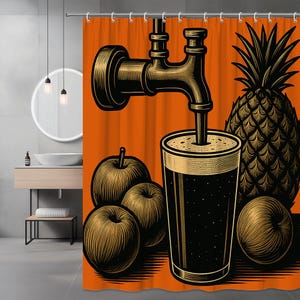 May include: Orange shower curtain with a black and gold illustration of a beer tap pouring into a glass. The design includes apples and a pineapple. The curtain is hanging in a bathroom with a round mirror and a sink.