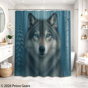 May include: A shower curtain featuring a detailed portrait of a wolf with striking blue eyes. The wolf is set against a backdrop of a forest with evergreen trees and birch trees, all in shades of blue and gray. The curtain adds a touch of nature to any bathroom.