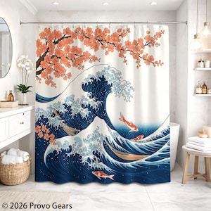May include: A white shower curtain featuring a Japanese-inspired design. It depicts a large blue wave with white crests, orange cherry blossoms, and koi fish. The design is reminiscent of traditional Japanese art.