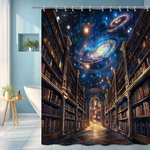 May include: A shower curtain featuring a fantasy library scene with bookshelves lining the walls and a galaxy-themed ceiling. The artwork depicts a cosmic spiral galaxy and celestial bodies, creating a unique bathroom decor.