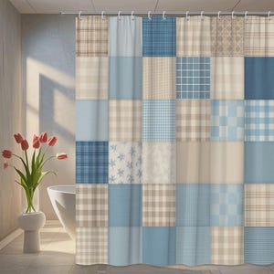 May include: A patchwork shower curtain with a variety of blue, beige, and white patterns. The curtain features squares of different fabrics, including plaid, floral, and solid designs. The curtain is hanging in a bathroom with a white bathtub and a vase of red tulips.