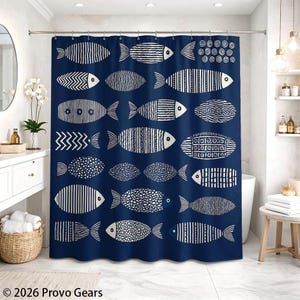 May include: Navy blue shower curtain featuring a repeating pattern of white fish in various designs. The fish have different patterns, including stripes, dots, and zigzags. The curtain is hanging in a bathroom setting.