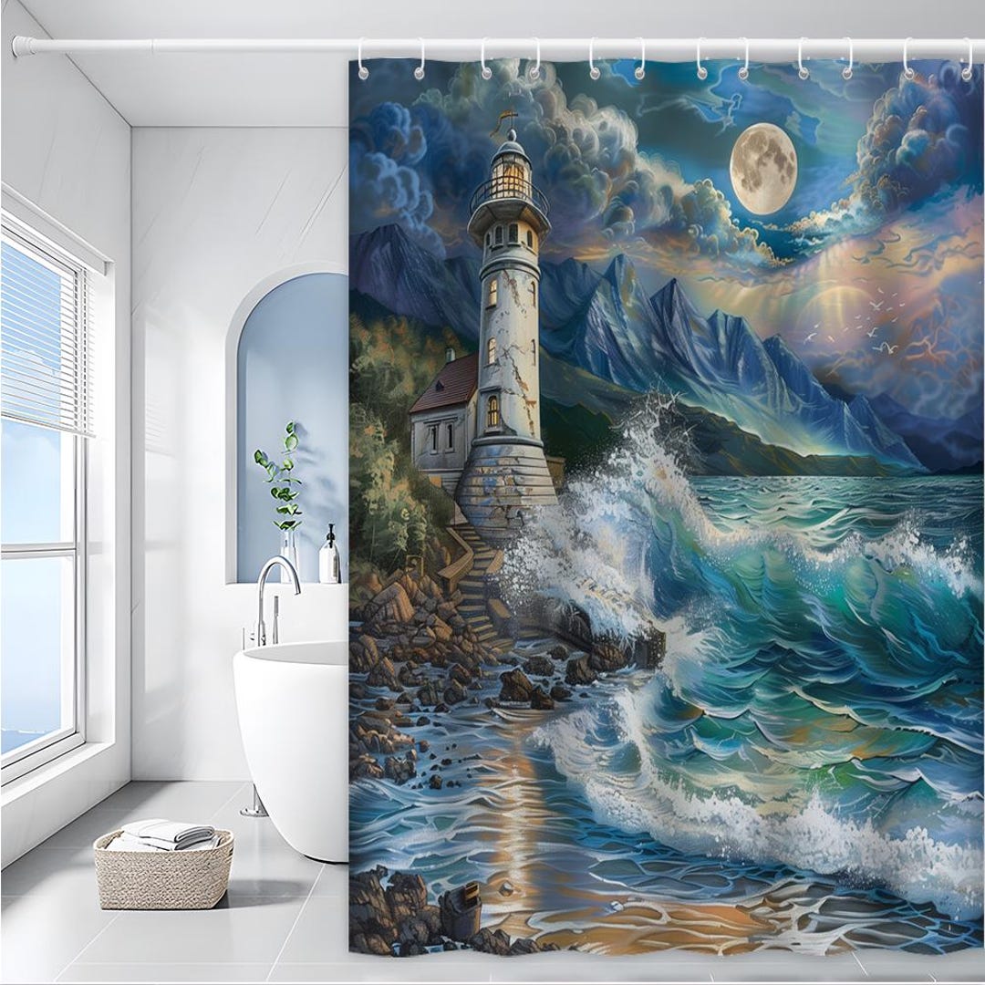 Majestic Lighthouse Scene Ocean Waves Moonlit Sky Dramatic Coastal ...