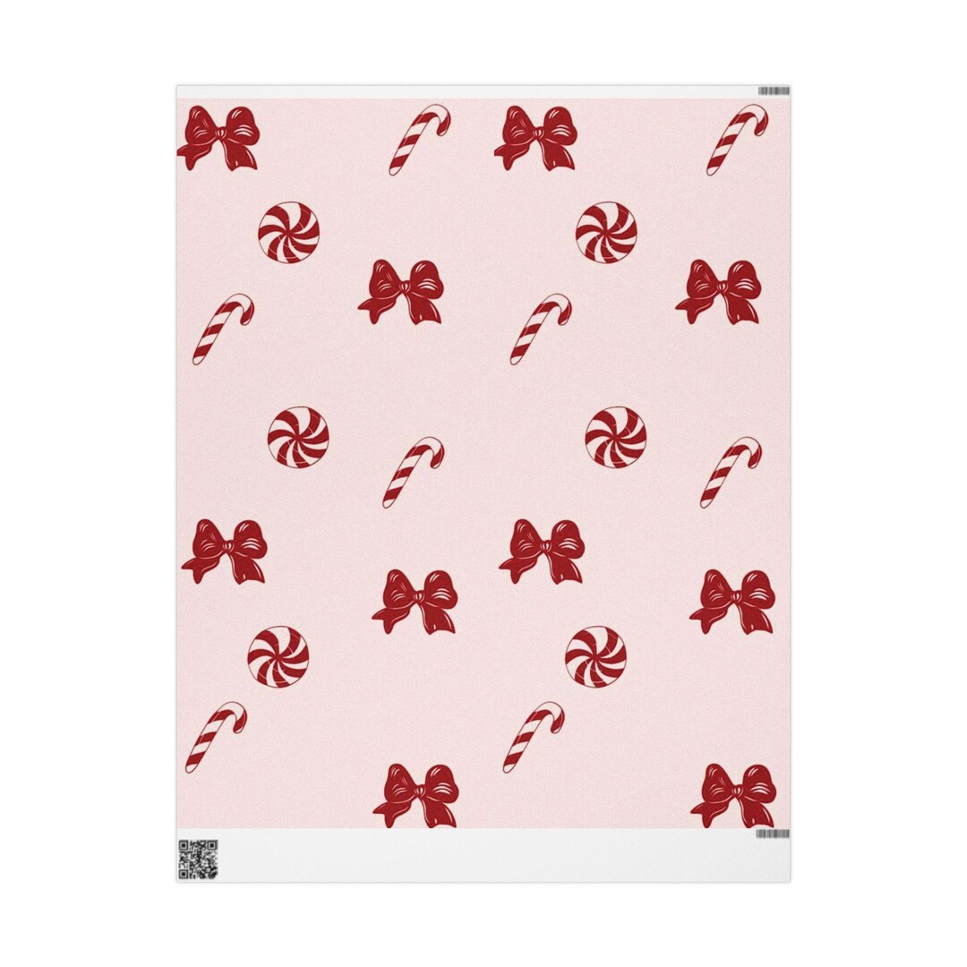 Candy Cane & Bow Pattern Wrapping Paper | Pink Holiday Gift Wrap - Etsy