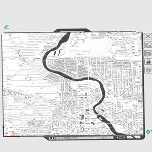 May include: A detailed black and white map with a river running through a city. The map is displayed on a digital interface with icons and the number "01". The map's design includes roads, buildings, and other urban features.