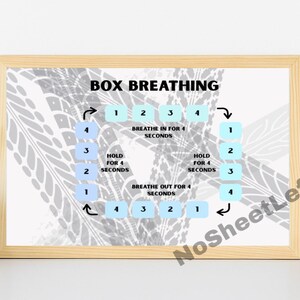 May include: A framed print with the words "BOX BREATHING" at the top. The print illustrates a box breathing exercise with numbered steps and instructions. The background features a gray tire track design.