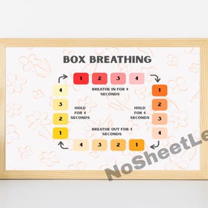 May include: A framed print with a light wood frame displays a "Box Breathing" diagram. The diagram uses numbered squares in shades of red, orange, and yellow to illustrate a 4-4-4-4 breathing technique. The background is white with floral accents.