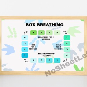 May include: A framed print with the words "BOX BREATHING" at the top. The print illustrates a breathing exercise with a sequence of numbered boxes and the instructions "Breathe in for 4 seconds", "Hold for 4 seconds", and "Breathe out for 4 seconds".