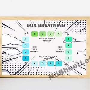 May include: A framed print with the words "BOX BREATHING" at the top. The print illustrates a breathing exercise with numbered steps and instructions. The color scheme includes green and blue squares against a white background, with a comic book style design.