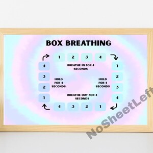 May include: A framed print with the words "BOX BREATHING" at the top. The print has a pastel tie-dye background and a diagram with numbered steps for box breathing. The diagram includes instructions to breathe in, hold, and breathe out.