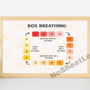 May include: A framed print with the words "BOX BREATHING" at the top. The print illustrates a box breathing technique with numbered steps and instructions. The color scheme includes red, orange, and yellow squares, with arrows indicating the breathing sequence.
