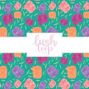 May include: A teal floral pattern featuring watercolor-style flowers in shades of pink, orange, and purple, with green stems and leaves. The design includes the text "lush loop Studio" in a white rectangular box.