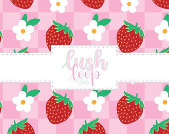 Daisy Strawberry Checkered Seamless Pattern-Pink and Red Plaid Berry Design-PNG File-Repeating Pattern-Fruit Designs-Sublimation Use