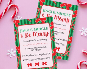 Christmas Party Invitation-Editable Canva Bow Holiday Template Invite-Green & Red Coquette Bows Christmas Invitation-Printable Invite
