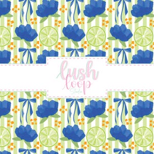 Puede incluir: Un patrón repetitivo con flores azules, rodajas de lima y lazos azules sobre un fondo a rayas verde claro. Pequeños acentos florales naranjas están dispersos. El texto "lush loop Studio" se muestra en un espacio rectangular blanco.