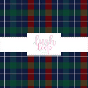 May include: A plaid pattern in navy blue, green, red, and brown, with white grid lines. The image features the text "lush loop Studio" in a cursive font within a white rectangular shape.