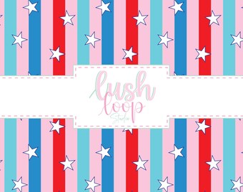 Stars & Stripes Seamless Pattern-Red Pink Blue -Patriotic July 4th Design-PNG Repeating File-4th of July