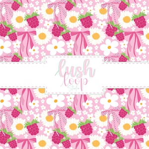 May include: A pink pattern featuring white daisies, raspberries, and pink bows. The design includes the text "lush loop Studio" in a white rectangular space. The raspberries are a vibrant red, and the daisies have yellow centers.