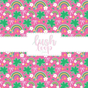 May include: A vibrant pink pattern with rainbows, green shamrocks, white flowers, and bows. The text "lush loop studio" is displayed in a white rectangle. The design also includes yellow stars and diamonds.