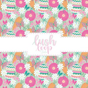 Peut inclure: Motif répété avec des œufs de Pâques, des carottes, des papillons et des fleurs roses, oranges, blanches et vertes. Le texte "lush loop Studio" est affiché dans un rectangle blanc.
