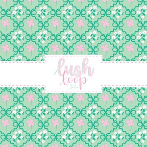 May include: A repeating pattern featuring light green, pink, and white floral and bow designs. The pattern includes pink four-leaf clovers, white flowers, and teal bows on a light green background. The text "lush loop Studio" is displayed in a white rectangle.