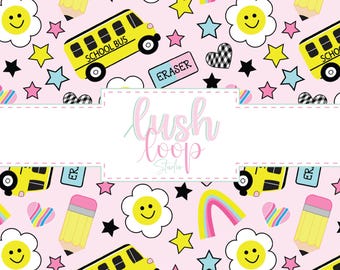 School Bus Seamless Pattern-Groovy Daisy Back to School Repeating File-PNG Digital Download-Pencils-Rainbows-Retro Pattern
