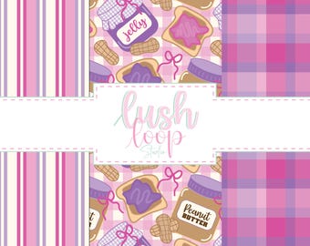 Peanut Butter & Jelly Seamless Pattern Bundle Files -Lavender, Pink Coquette Bows Stripes Tartan-Fabric Design-Digital Download-3 PNG Repeat
