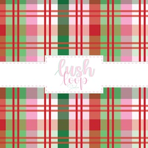 May include: A vibrant plaid design in red, green, pink, and brown. The pattern is formed by intersecting vertical and horizontal lines. A white rectangular banner with the text "lush loop Studio" in a script font is overlaid on the pattern.