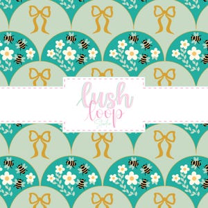 May include: A repeating pattern featuring teal fan shapes with bees, white flowers, and gold bows. The design includes the text "lush loop studio" in a white rectangular space, creating a whimsical and nature-inspired aesthetic.