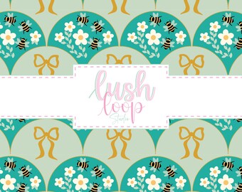 Bubble Bee Seamless Pattern-Mustard & Teal Floral Bees-Garden Pattern-Digital Download-PNG Repeating File-Flower Garden-Dainty