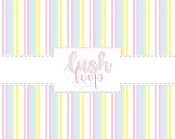 May include: A pastel striped pattern in pink, blue, yellow, and white. The vertical stripes are evenly spaced. A white rectangular banner with the text "lush loop Studio" in a script font is centered.