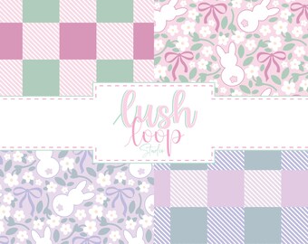 Bunny Seamless Patterns Bundle 4 Pack-Floral Coquette Bows-Easter Rabbit-Digital Download-PNG Repeating File-Checkered-Garden-Dainty