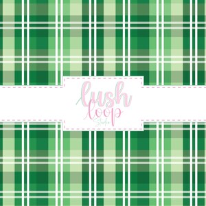 May include: A green and white plaid pattern with a white rectangular banner. The banner contains the text "lush loop Studio" in a cursive font. The plaid design features varying shades of green and white vertical and horizontal lines.