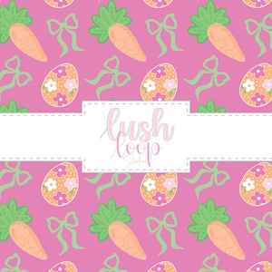May include: A pink background with a repeating pattern of carrots, Easter eggs, and bows. The carrots are orange with green tops, the eggs are decorated with flowers, and the bows are light green. The text "Lush Loop Studio" is in the center.