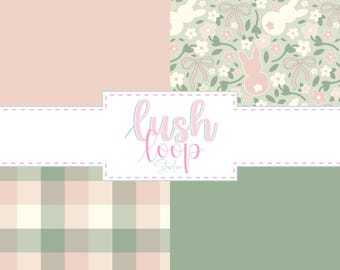 Neutral Bunny Seamless Patterns Bundle 4 Pack-Floral Coquette Bows-Easter Rabbit-Digital Download-PNG Repeating File-Checkered-Garden-Dainty