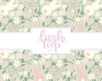 Vintage Neutral Bunny Seamless Pattern-Sage Floral Coquette Bows-Easter Rabbit-Digital Download-PNG Repeating File-Rabbit Garden-Dainty