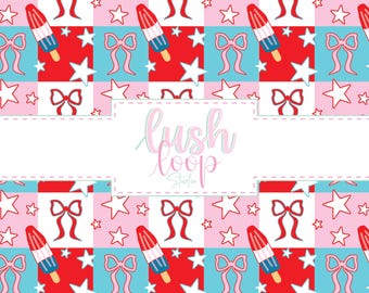Patriotic Checkered Popsicle Seamless Pattern-Red White & Blue-Patriotic Design-PNG Repeat File-4th of July-Stars and Plaid-Bows