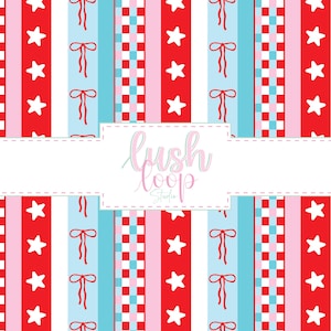 May include: A repeating pattern with vertical stripes in red, light blue, and pink. The design includes white stars, red bows, and a checkered pattern. The text "lush loop studio" is in a white rectangle.