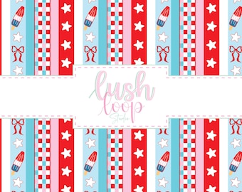 Patriotic Striped Popsicle Seamless Pattern-Red White & Blue Celebration-Patriotic Design-PNG Repeat File-4th of July-Stars and Stripes-Bows