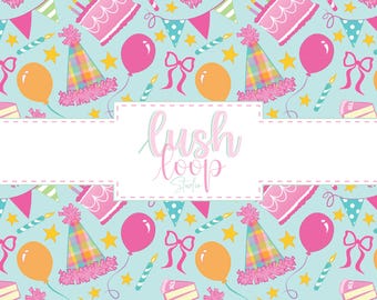 Birthday Girl Seamless Pattern-Pink Blue Aqua Party Hat Design-Digital Download-PNG Repeating File-Coquette Bows-Cake Candles