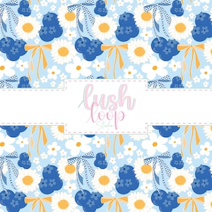 May include: A light blue floral pattern featuring white daisies with yellow centers, blue bows, and orange ribbons. The design includes the text "lush loop studio" in a cursive font within a white rectangular space.