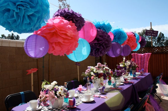 10 Tissue Paper Pom Poms Mad Hatter Tea Party Decorations Etsy