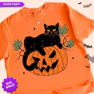 Vintage Halloweentown-sweater: retro zwarte kat pompoen Halloween ronde hals