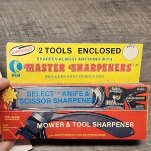Vtg K-Tel Master Sharpener 2 Tool Scizzors Knives Mower Tools Box Instructions image 1