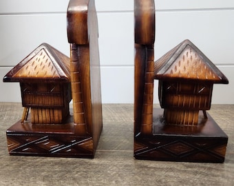 Hand Carved Wood Tiki Hut Bookends Polynesian Tropical Palms Approx 8x4x4