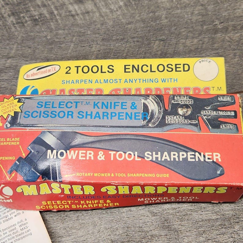 Vtg K-Tel Master Sharpener 2 Tool Scizzors Knives Mower Tools Box Instructions image 2