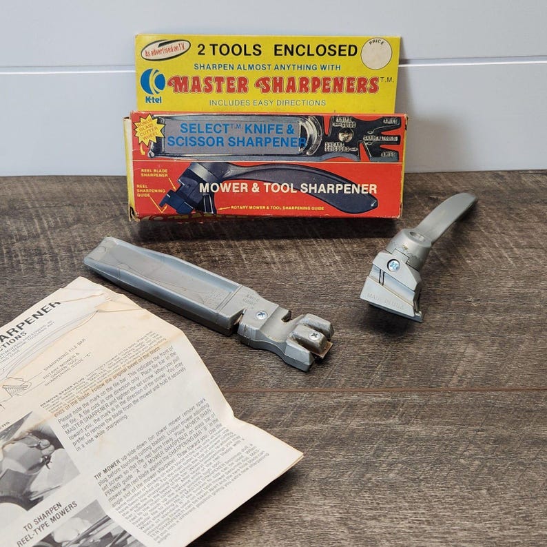 Vtg K-Tel Master Sharpener 2 Tool Scizzors Knives Mower Tools Box Instructions image 3